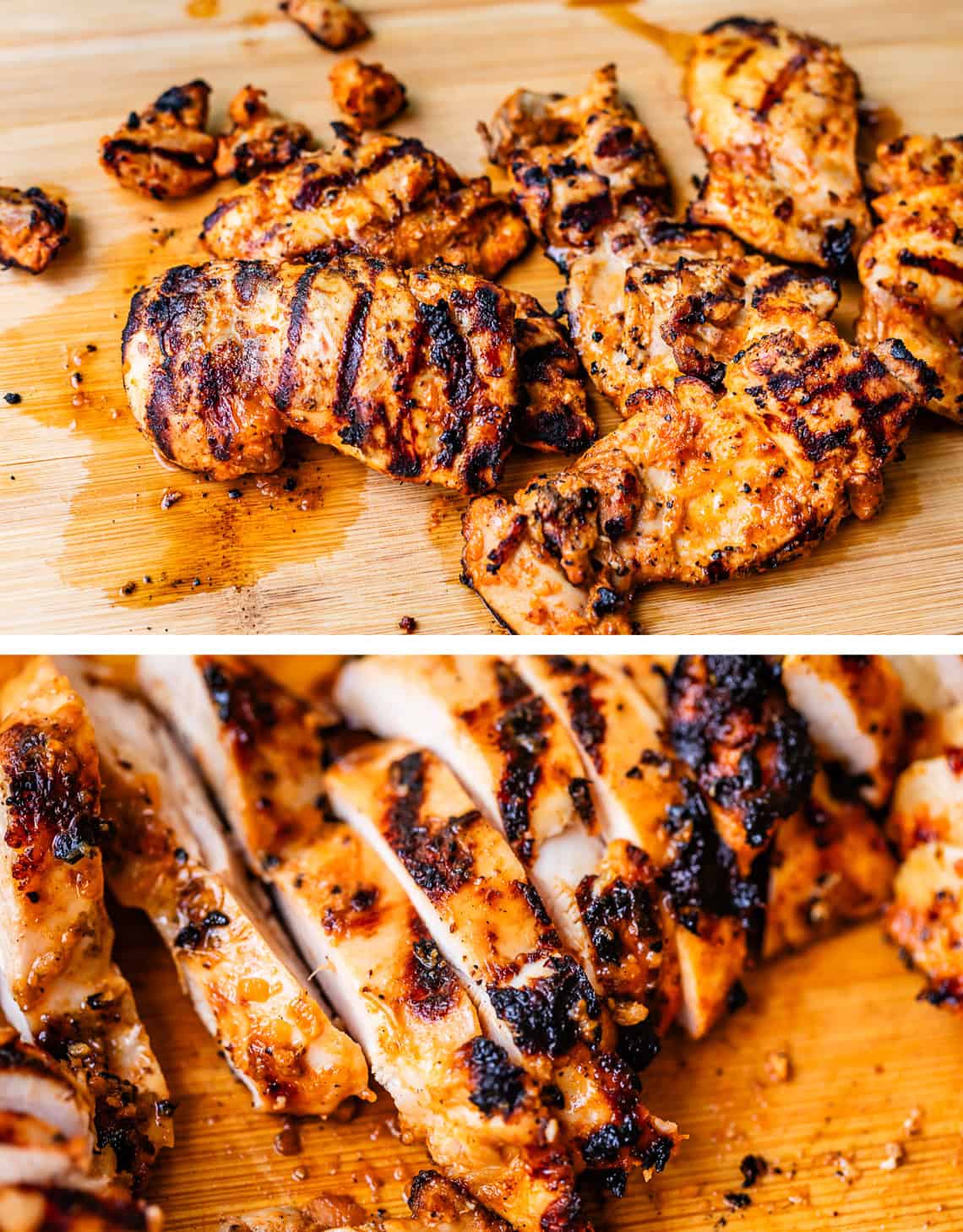 top: whole grilled chicken pieces resting on cutting board, bottom: chicken cut in slices.