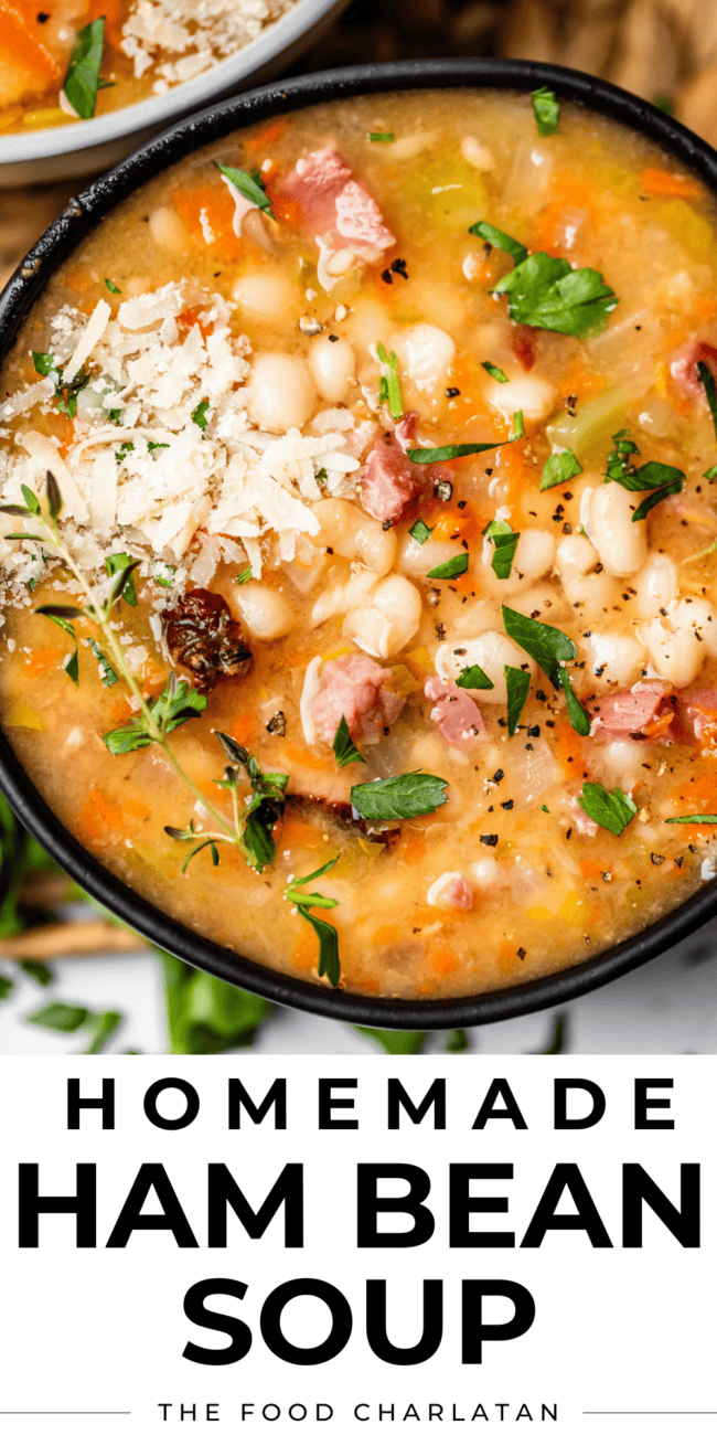 pinterest image of bowl of soup with text "homemade ham bean soup".