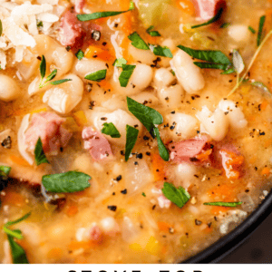pinterest image of ham and bean soup with text "stove top ham bean soup slow cooker".
