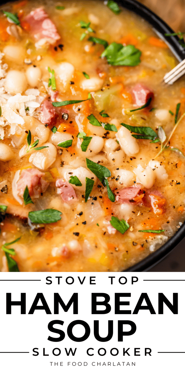 pinterest image of ham and bean soup with text "stove top ham bean soup slow cooker".