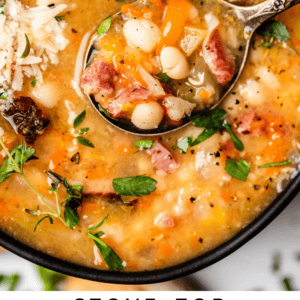 pinterest image of ham and bean soup with text "stove top ham bean soup slow cooker".