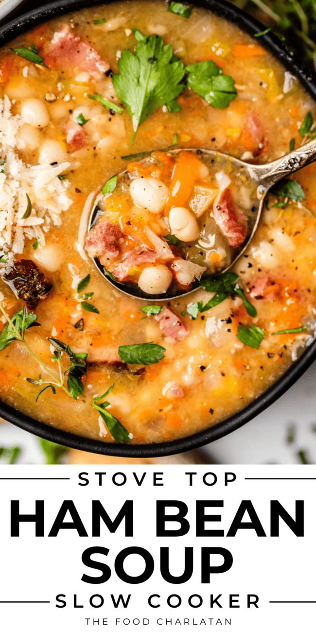 pinterest image of ham and bean soup with text "stove top ham bean soup slow cooker".