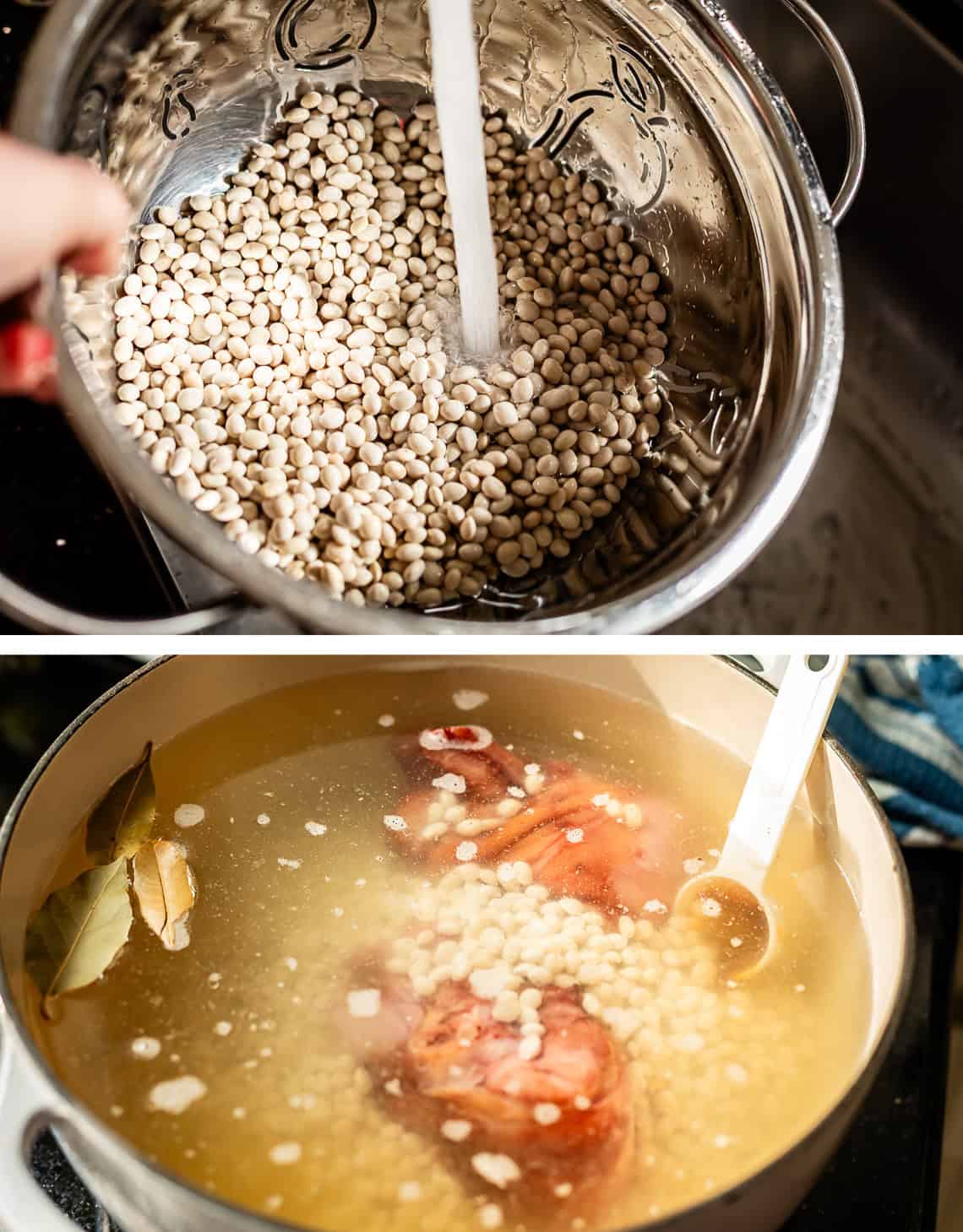 top: rinsing beans in colander, bottom: ham hocks and beans in pot with water.