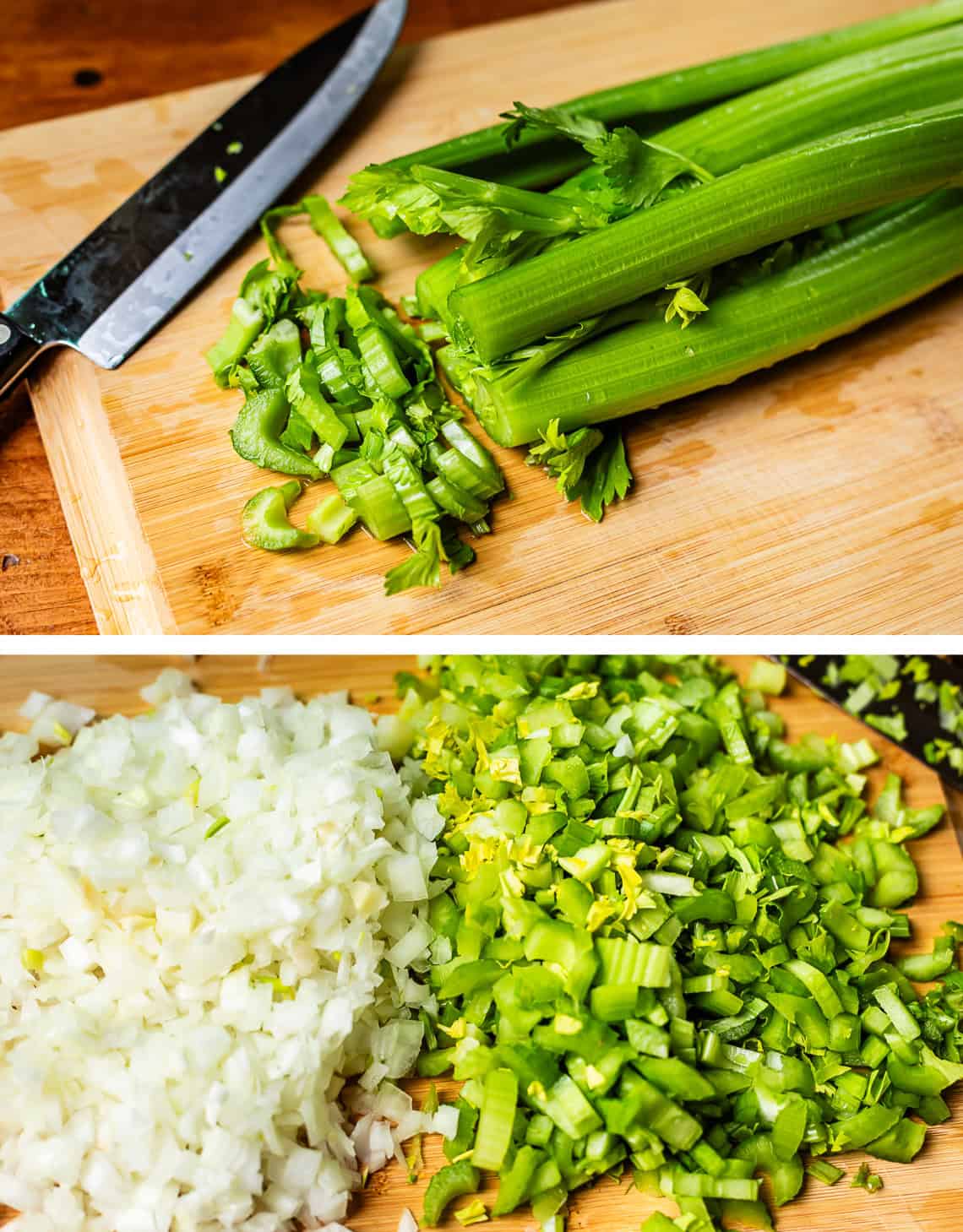 top: knife and celery on cutting board, bottom: chopped celery and onion on board.