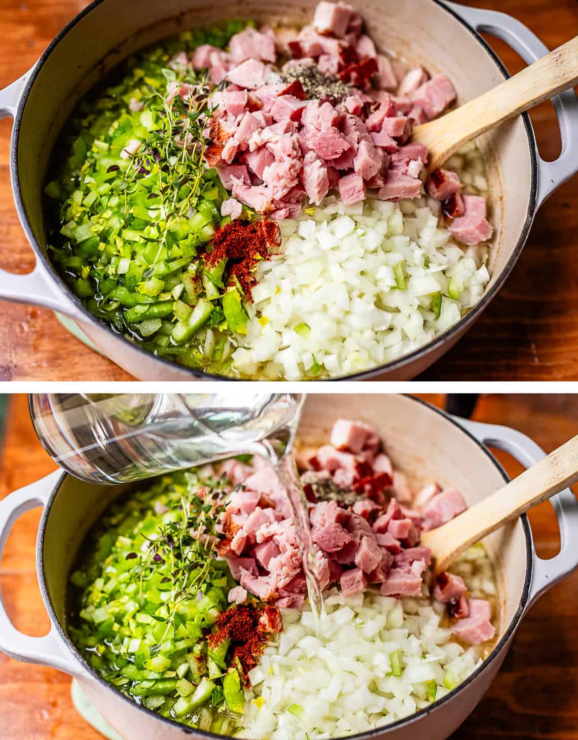 top: veggies and ham in pot with beans, bottom, water pouring form measuring cup.