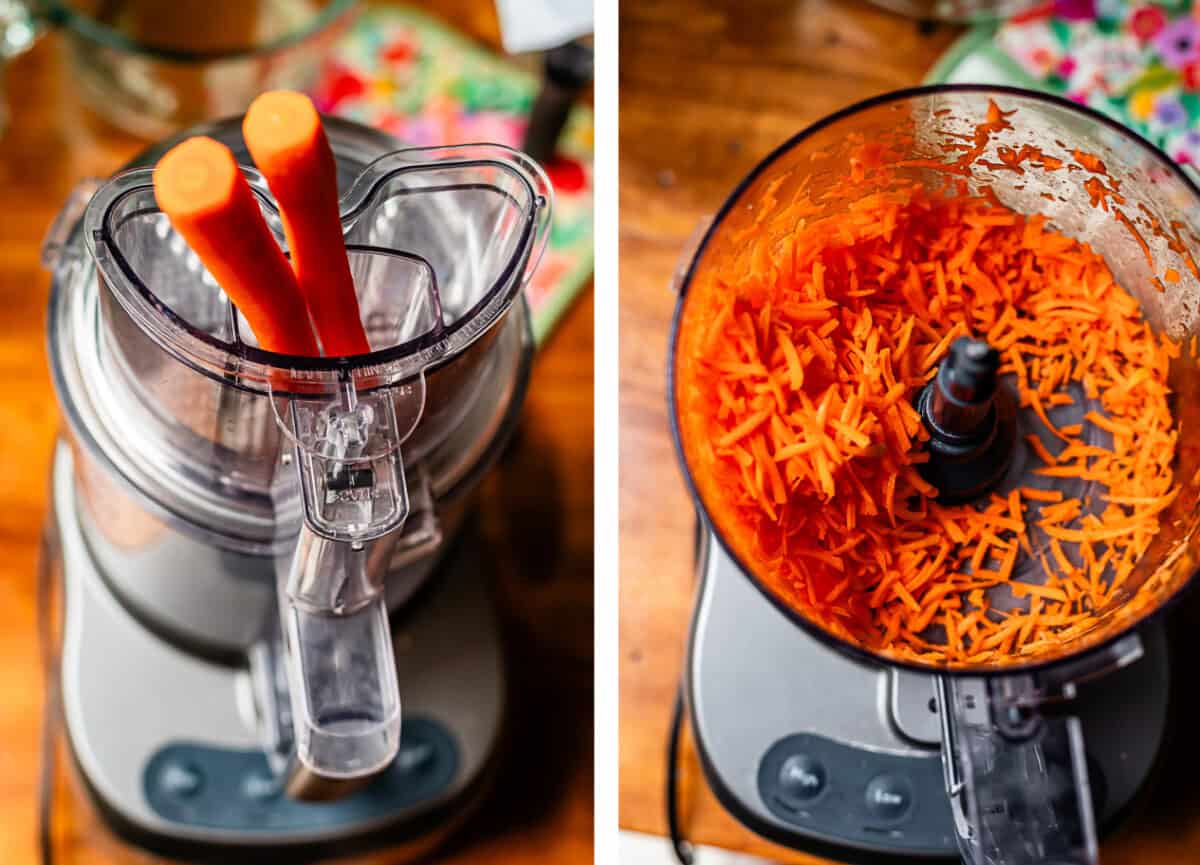 two whole carrots going into the food processor, shredded carrots in the processor.