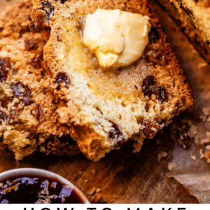 overhead shot of slice of raisin irish soda bread.