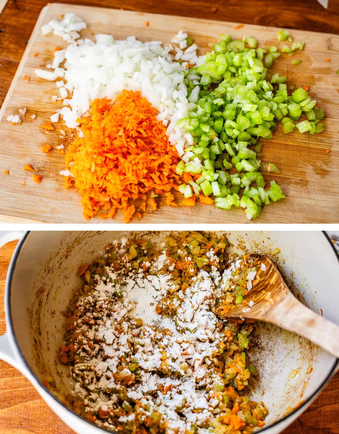 chopped onions, carrots, and celery on a wooden cutting board, cooking veggies in a pot with flour.
