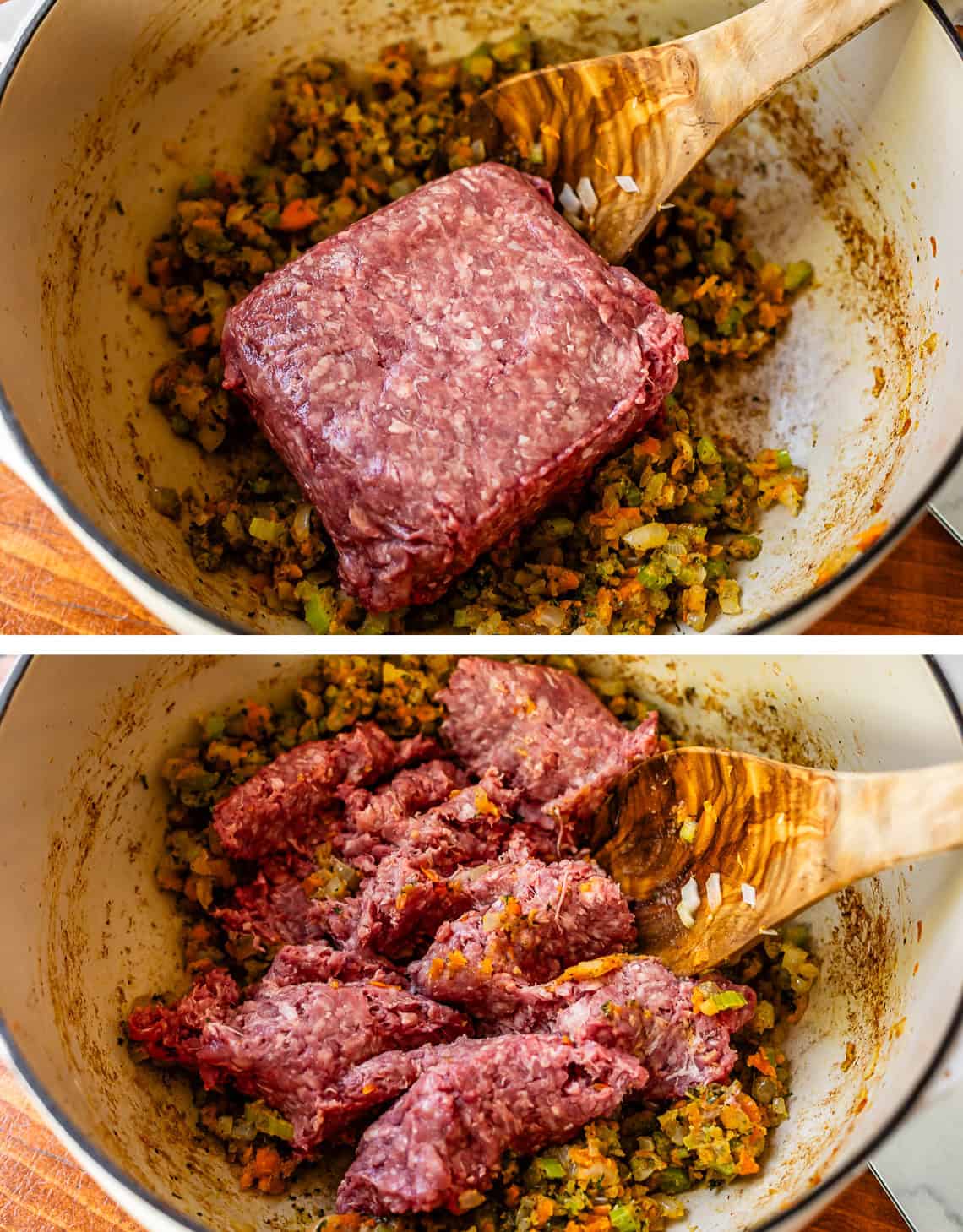 ground beef in a pot with cooked veggie mixture and a wooden spoon.