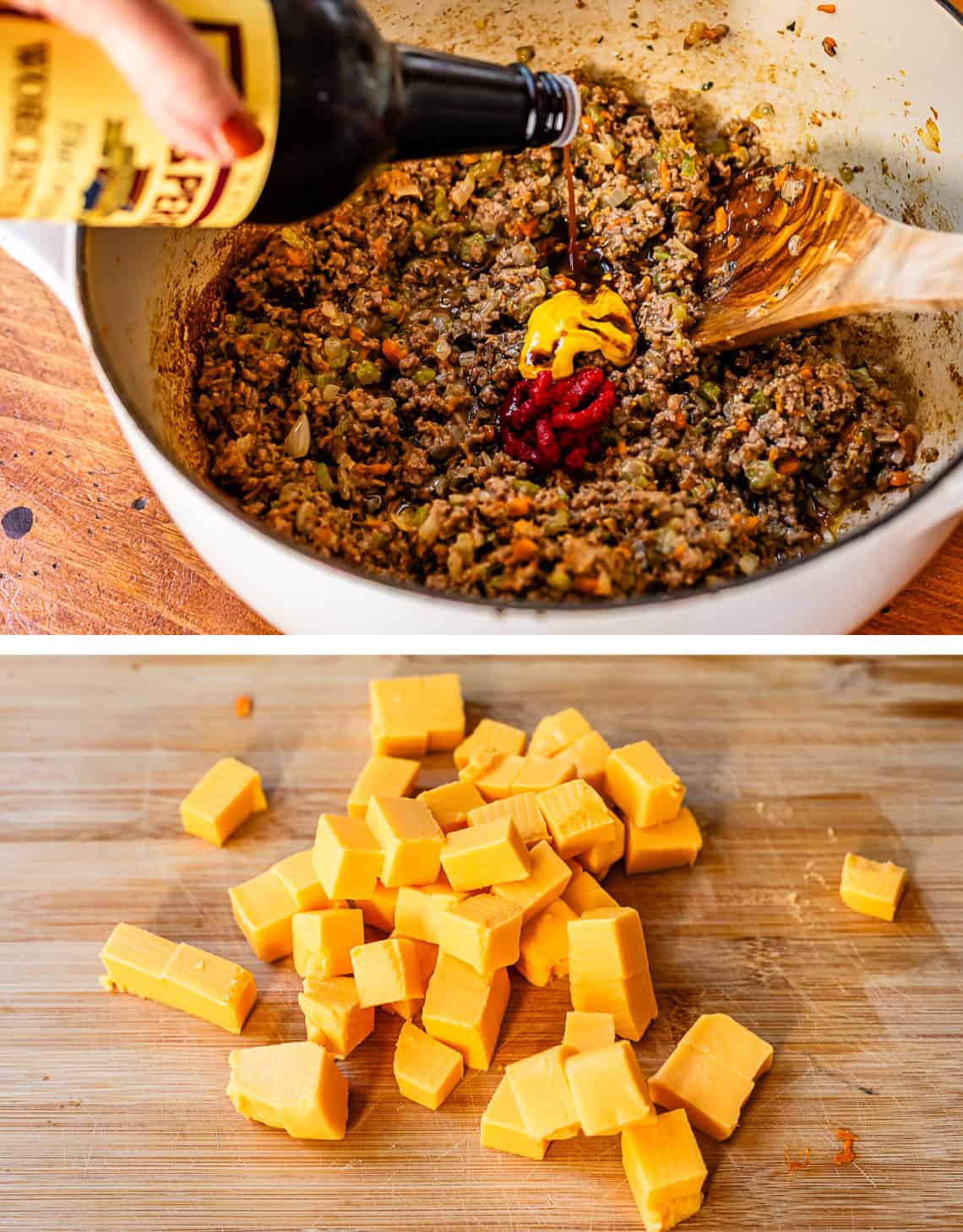 adding Worcestershire sauce, mustard, and ketchup to ground beef; chopped Velveeta on a wooden cutting board.