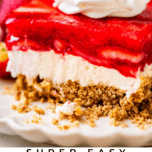 pinterest image of jello salad with text "super easy jello pretzel salad".