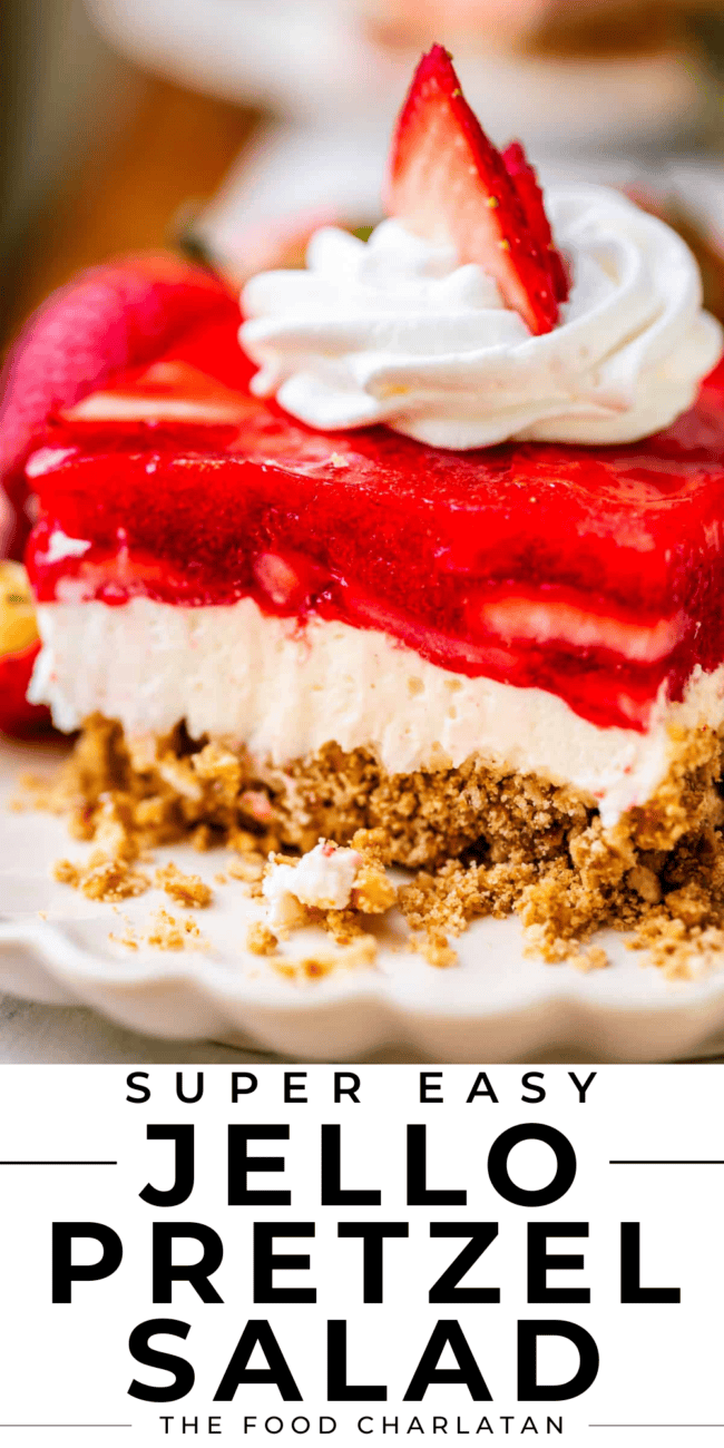 pinterest image of jello salad with text "super easy jello pretzel salad".