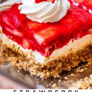 pinterest image of jello salad with text "strawberry jello pretzel salad".