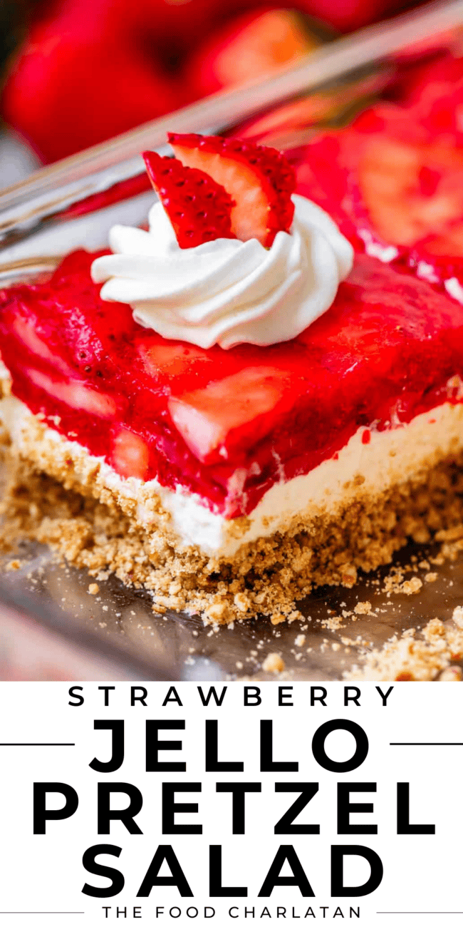 pinterest image of jello salad with text "strawberry jello pretzel salad".