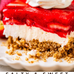 pinterest image of jello salad with text "salty & sweet jello pretzel salad".