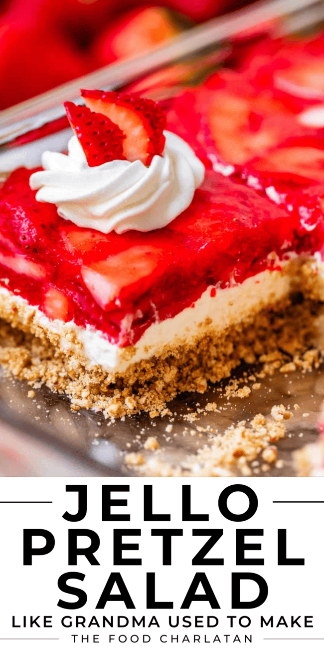 pinterest image of jello salad with text "jello pretzel salad like grandma used to make".