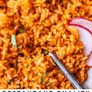 pinterest image of arroz rojo with text "restaurant quality Mexican rice homemade".