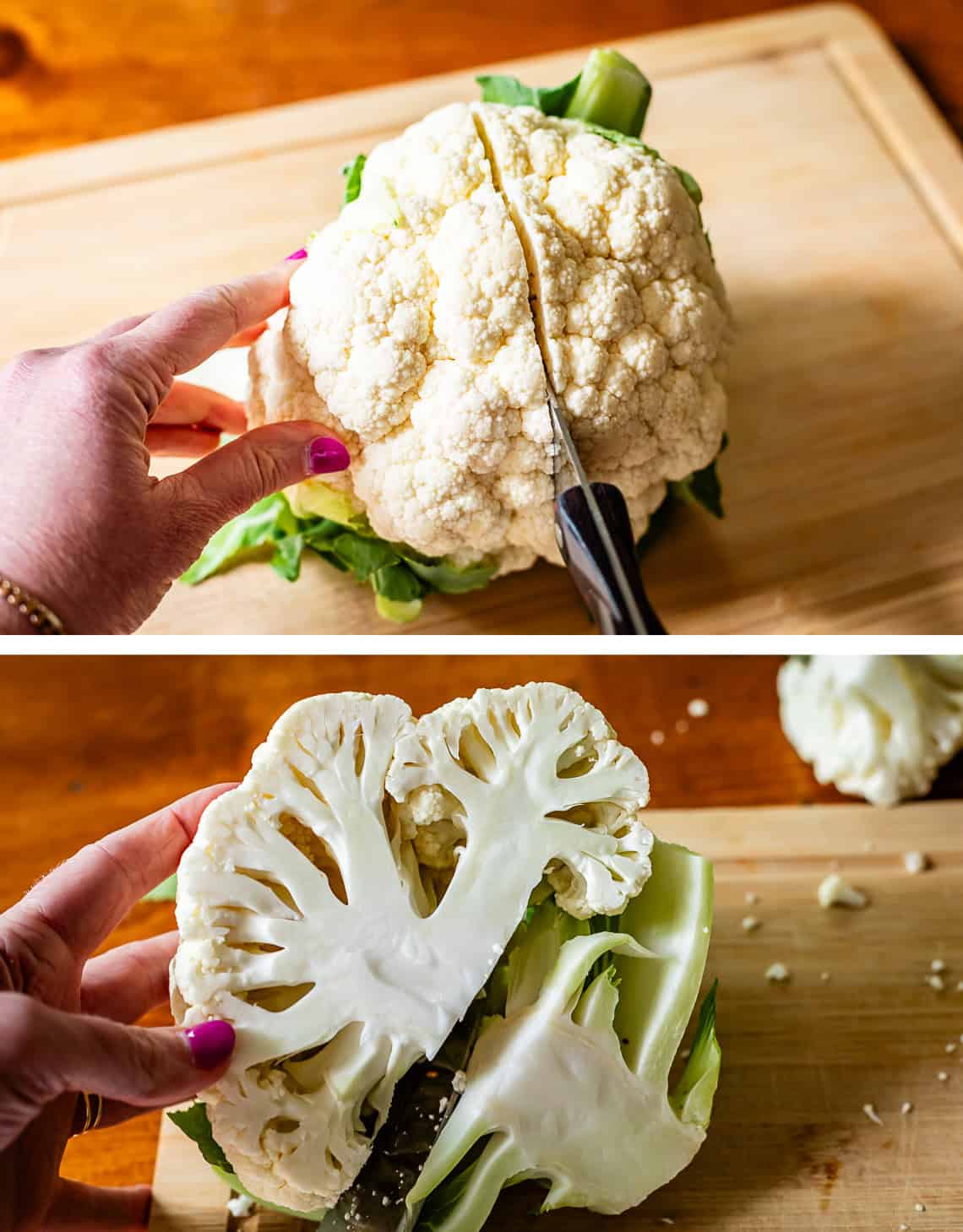 top: knife slicing cauliflower in half, bottom: knife cutting stem off a half.
