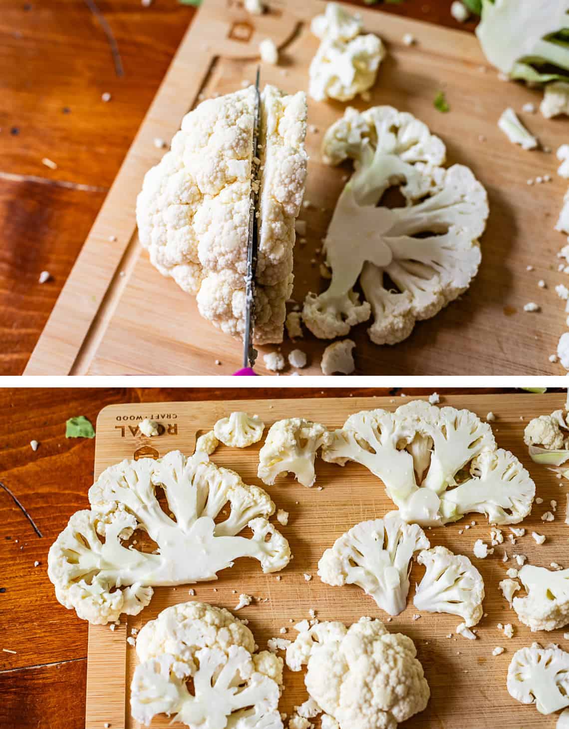top: slicing cauliflower half into steak slices, bottom: steaks on cutting board.
