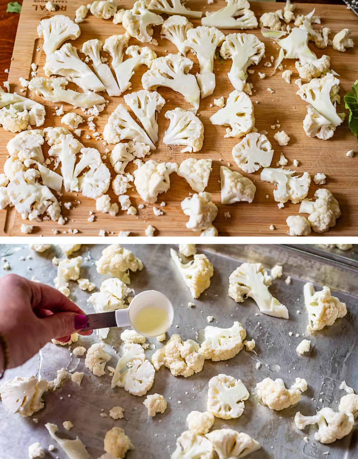 top: florets on cutting board, bottom: oil pouring from measuring spoon onto cauliflower.