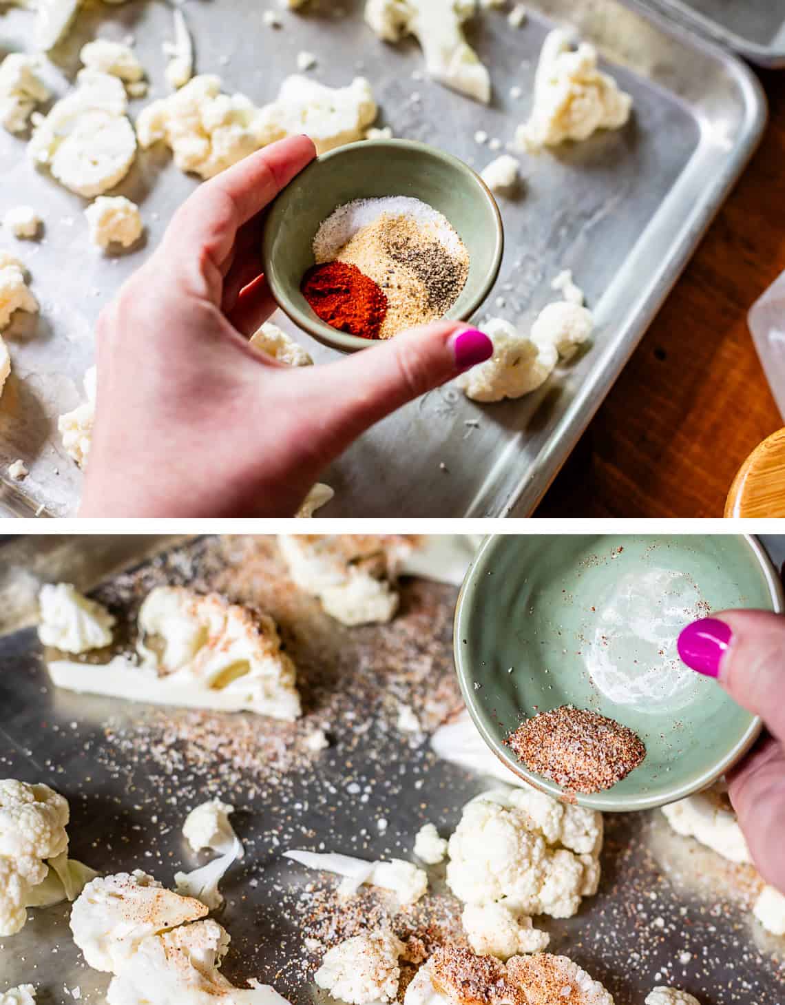 top: hand holding tiny bowl with spices, bottom: hand pouring spices from bowl.