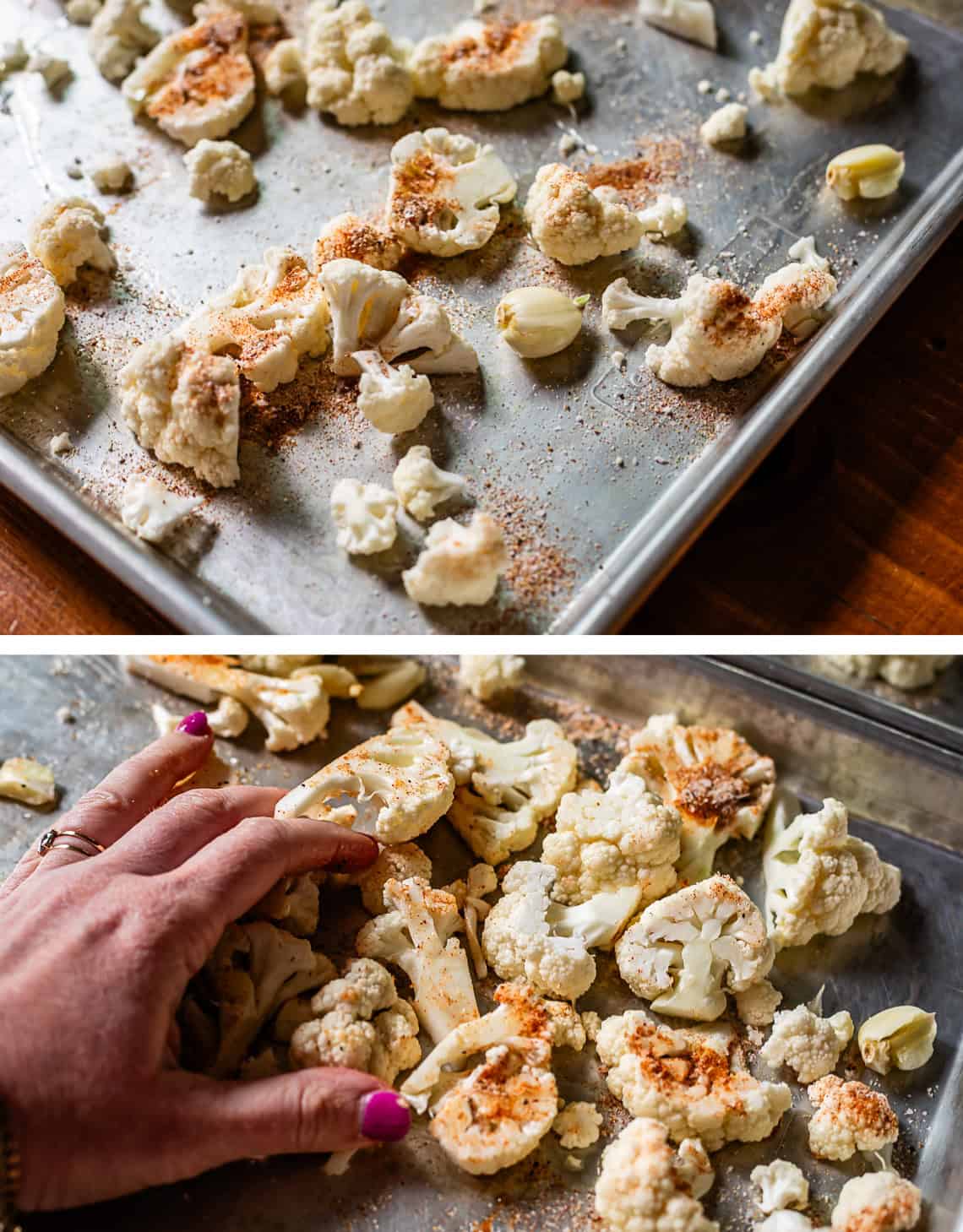 top: garlic added to sheet pan with cauliflower, bottom: hand mixing the cauliflower.