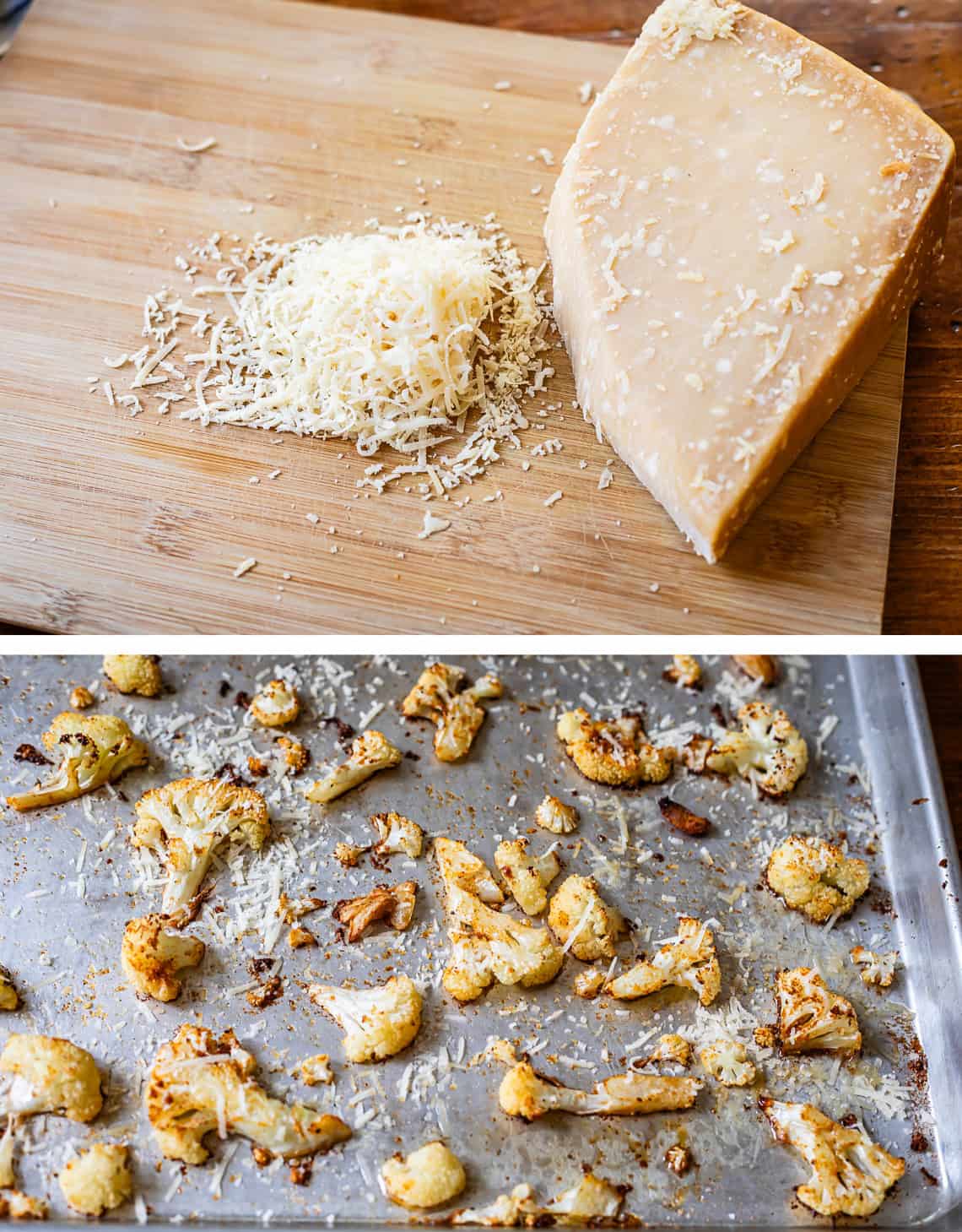 top: shredded parm from block on cutting board, bottom: cheese sprinkled over cauliflower.