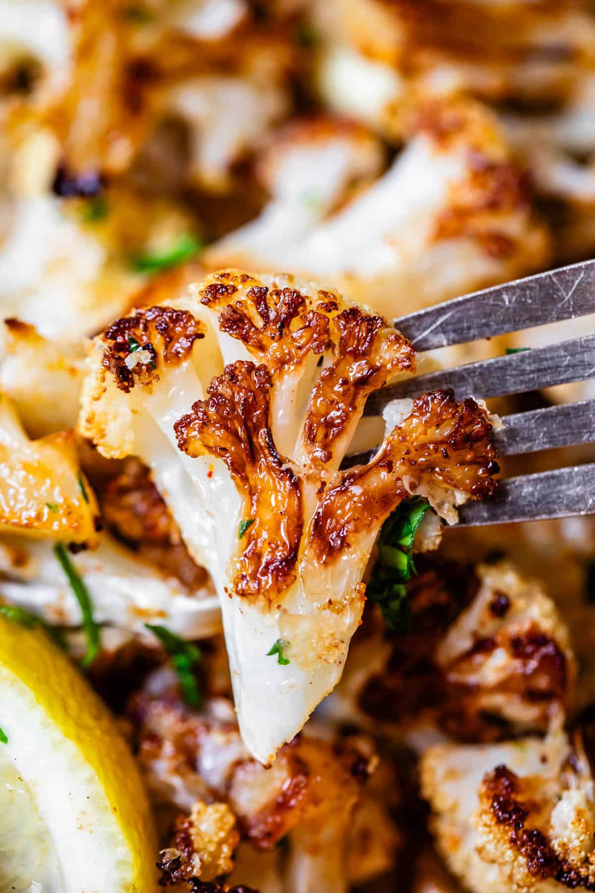 metal fork pushed through a roasted cauliflower floret, holding it up.