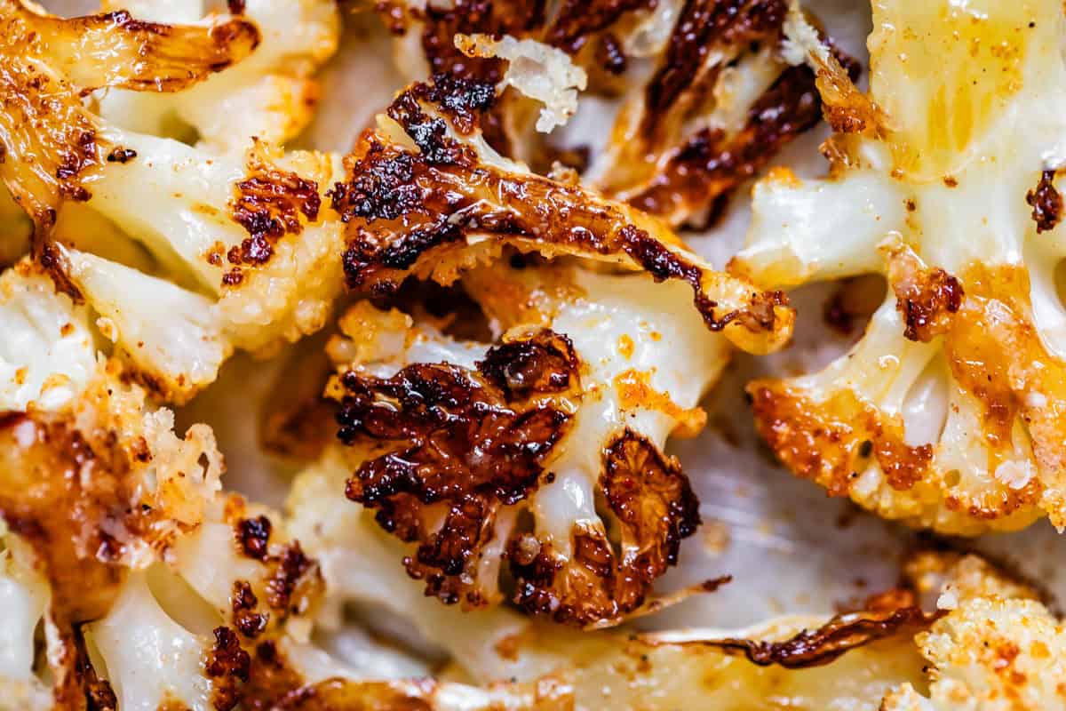 super browned and crispy roasted cauliflower glistening with oil.