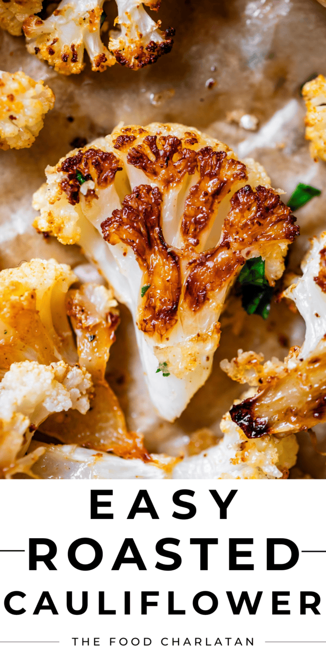pinterest image of roasted cauliflower with text "easy roasted cauliflower".