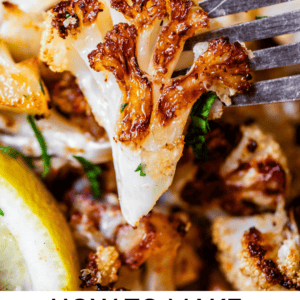 pinterest image of cauliflower with text "how to make roasted cauliflower crispy & browned".