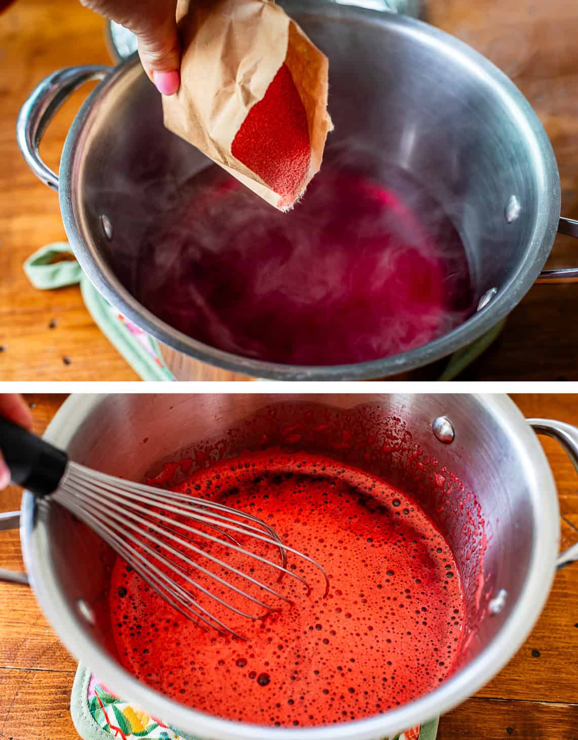 pouring jello powder into a metal pot, whisking jello.