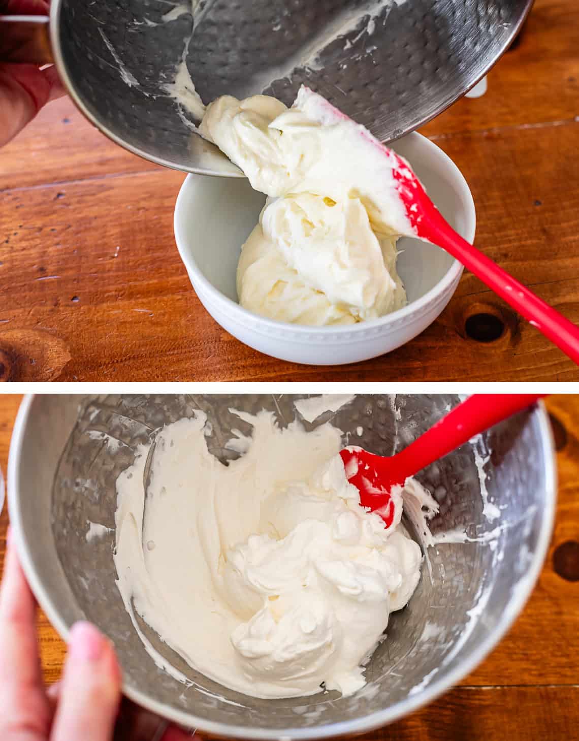 adding cream cheese powdered sugar mixture to a small bowl, whipped cream in a stand mixer.