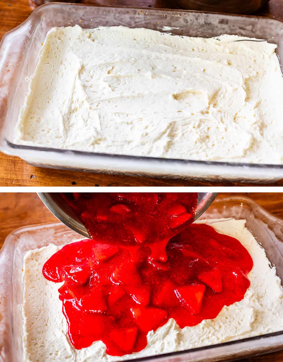 cream cheese mixture spread in a pan, adding strawberry jello to the top of the pan.