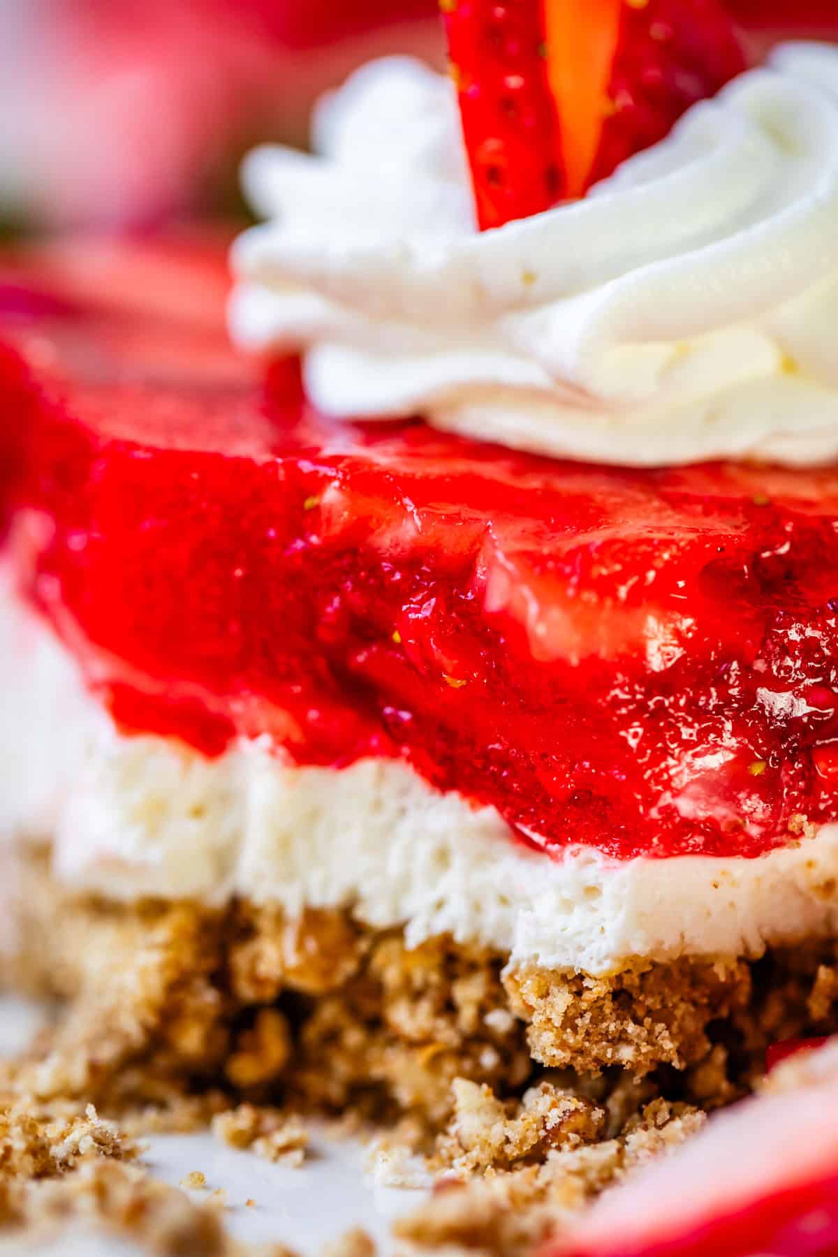 strawberry jello pretzel salad shot from up close.