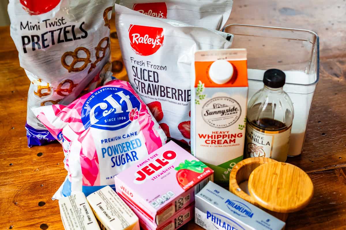 ingredients for making strawberry jello pretzel salad.