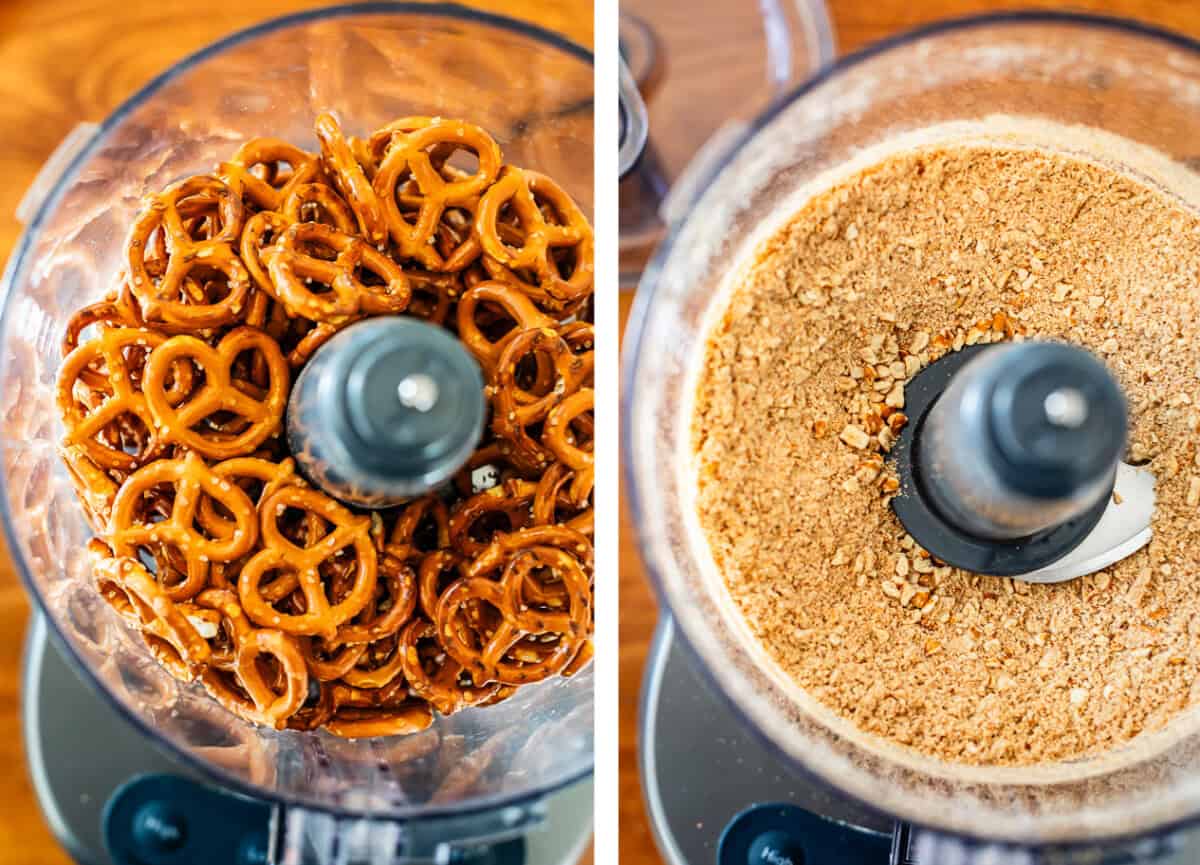 pretzels in a food processor, crushed pretzels.