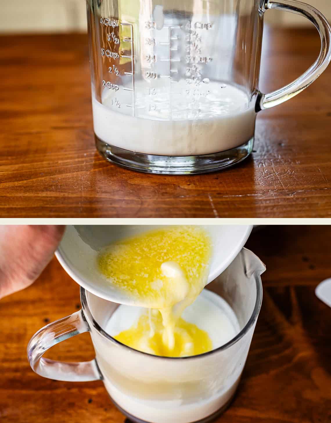 top: buttermilk in a glass measuring cup, bottom: pouring melted butter from bowl to measuring glass.
