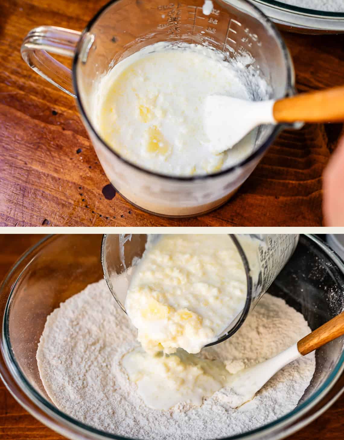 top: milk and butter in glass measuring cup, bottom: pouring mixture into dry ingredients.
