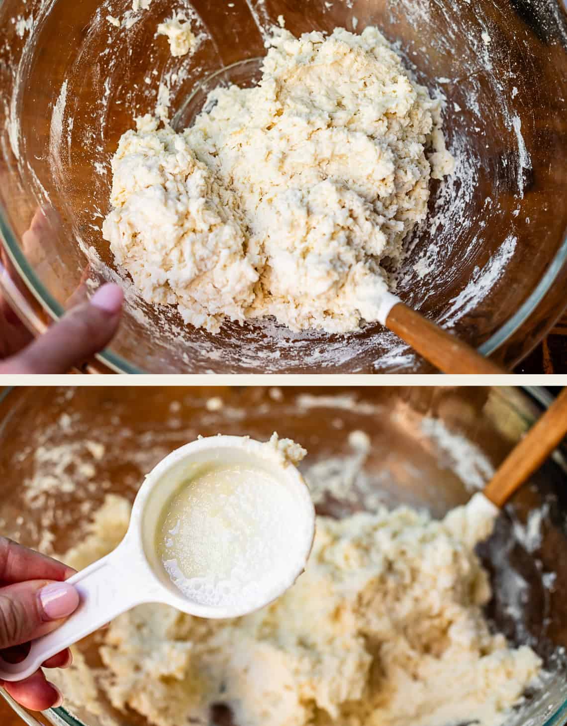 top: finished biscuit dough in a glass mixing bowl, bottom: greased measuring cup to scoop dough.