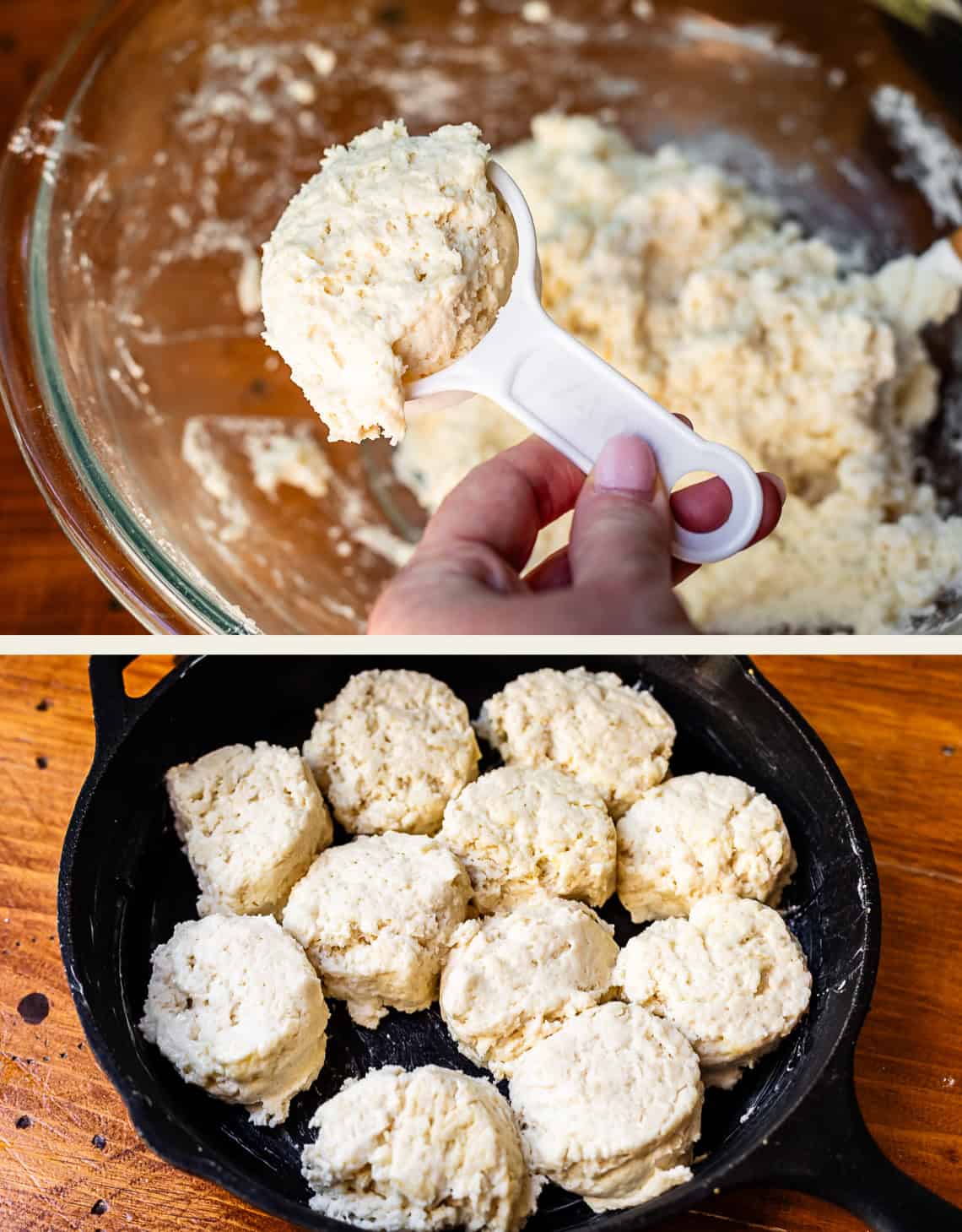 top: 1/4 cup measuring cup with biscuit dough in it, bottom: biscuits added in cast iron skillet.