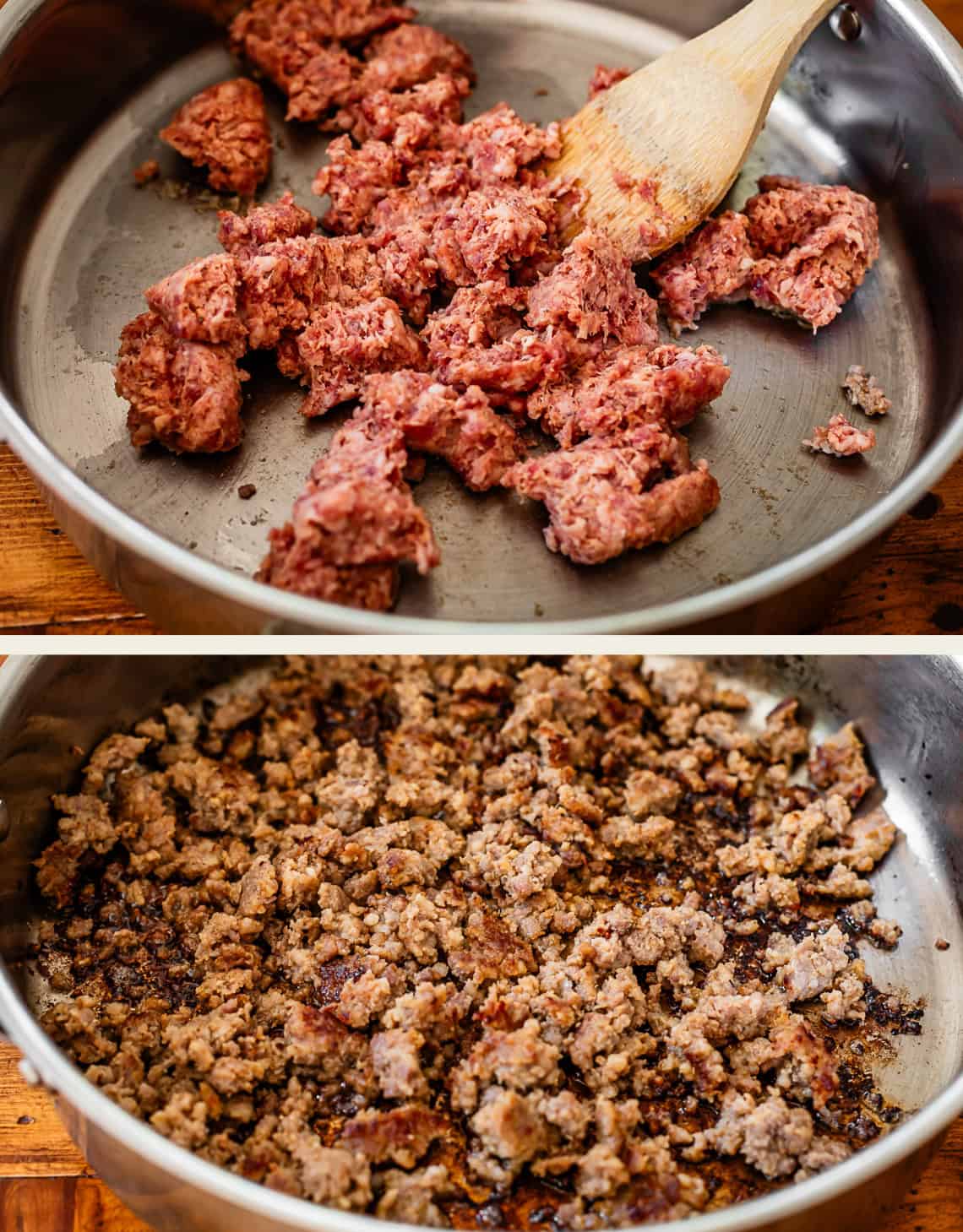 top: wooden spoon browning sausage in skillet, bottom: sausage all browned in skillet.