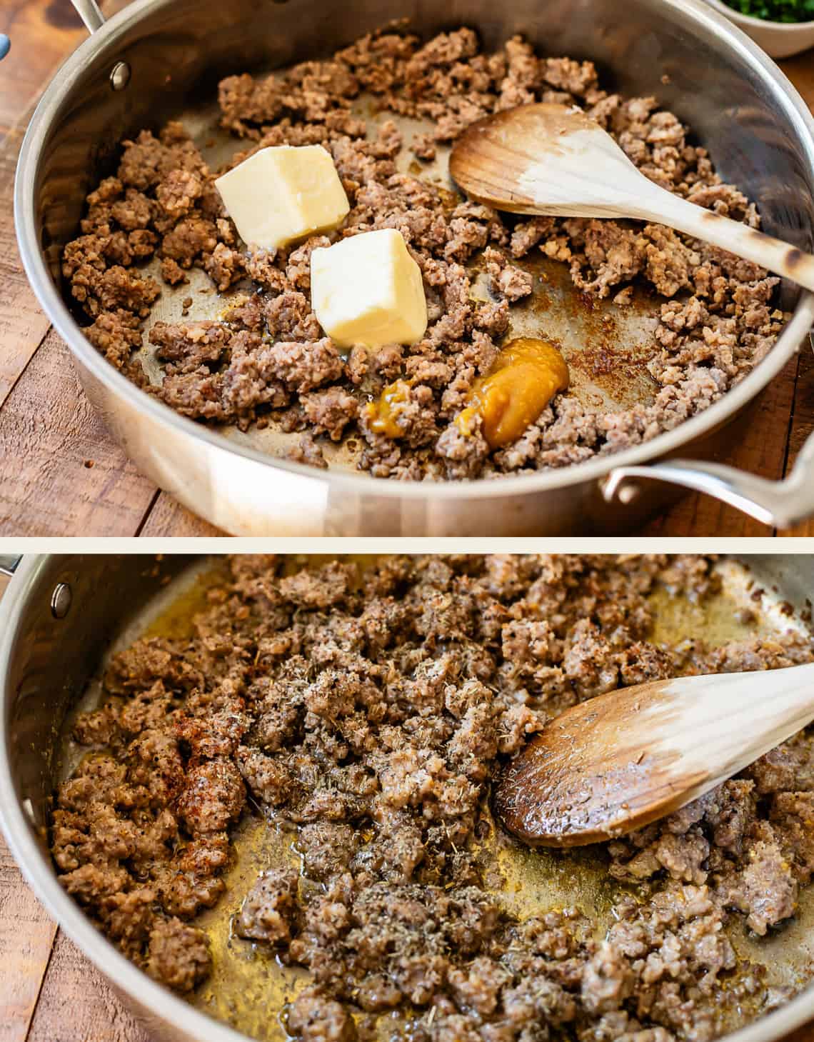 top: butter and better than bouillon added to sausage in pan, bottom: seasonings added.