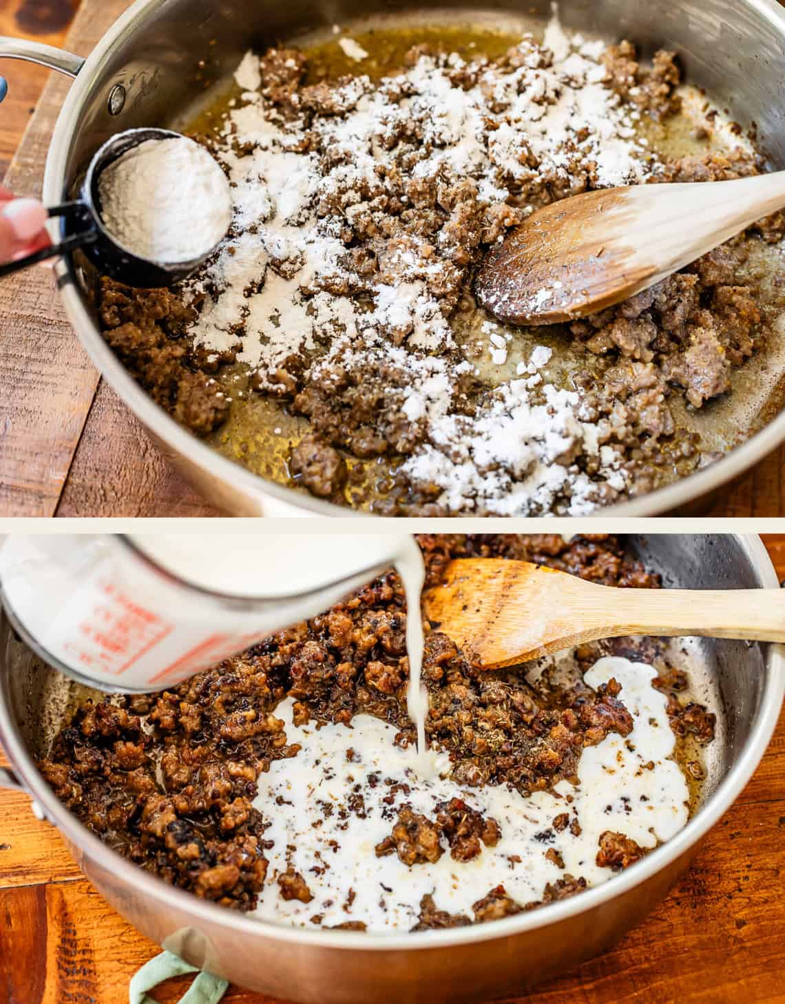 top: flour being added to the butter and sausage mixture, bottom: adding milk in to mixture.