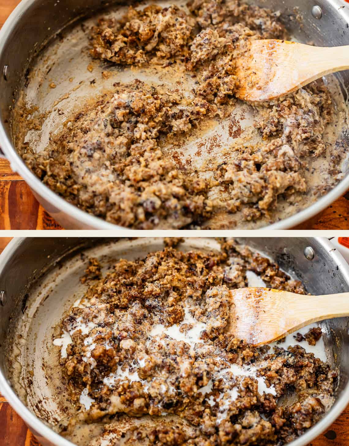 top: meat and roux all cooked together, bottom: adding some milk to the mixture.