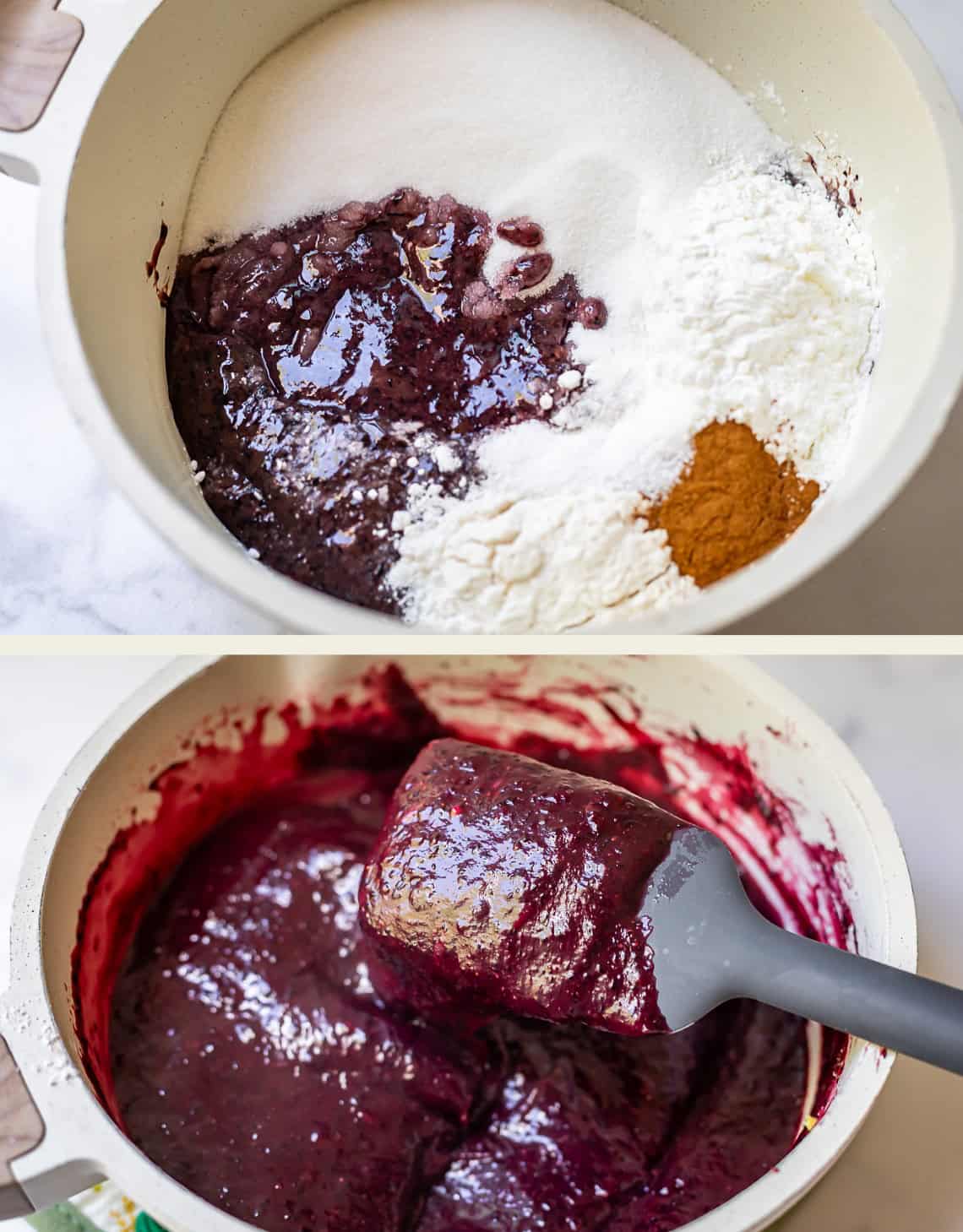 flour, sugar, and blueberry juice in a white pan, then thickened on the stove in the second photo.