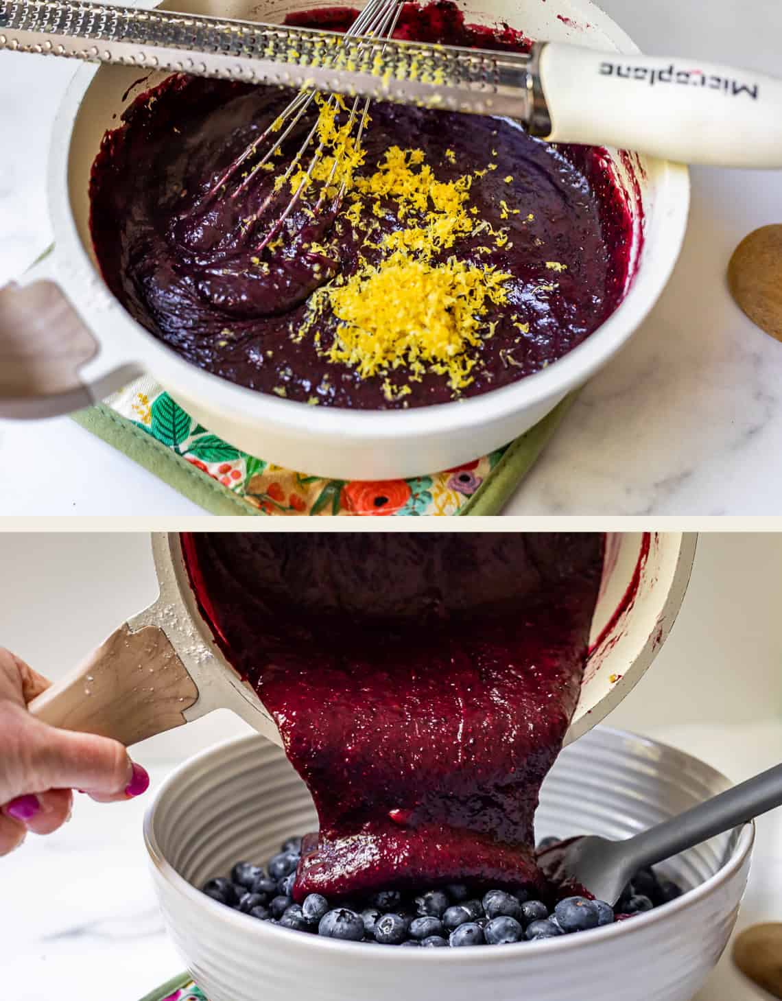 Adding lemon zest to a pot of blueberry pie filling.