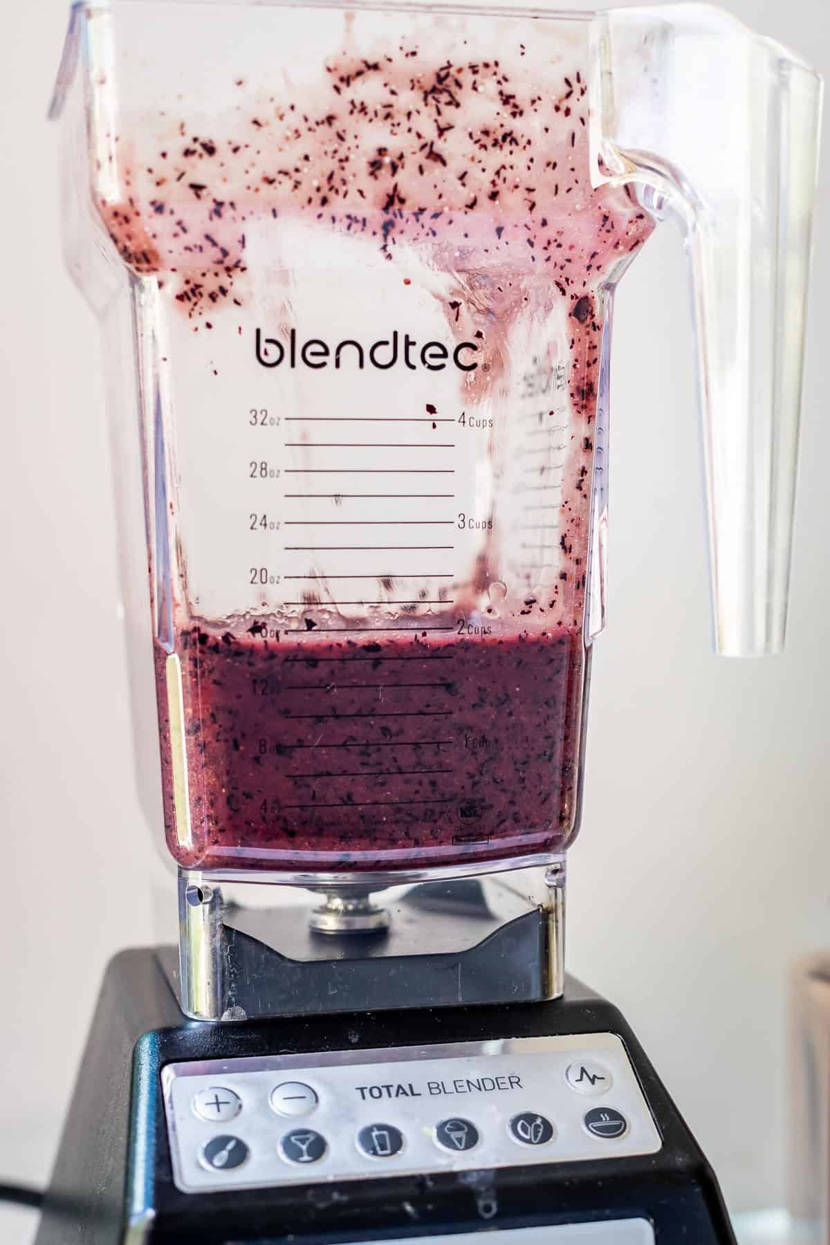pureed blueberries in a blendtec blender.