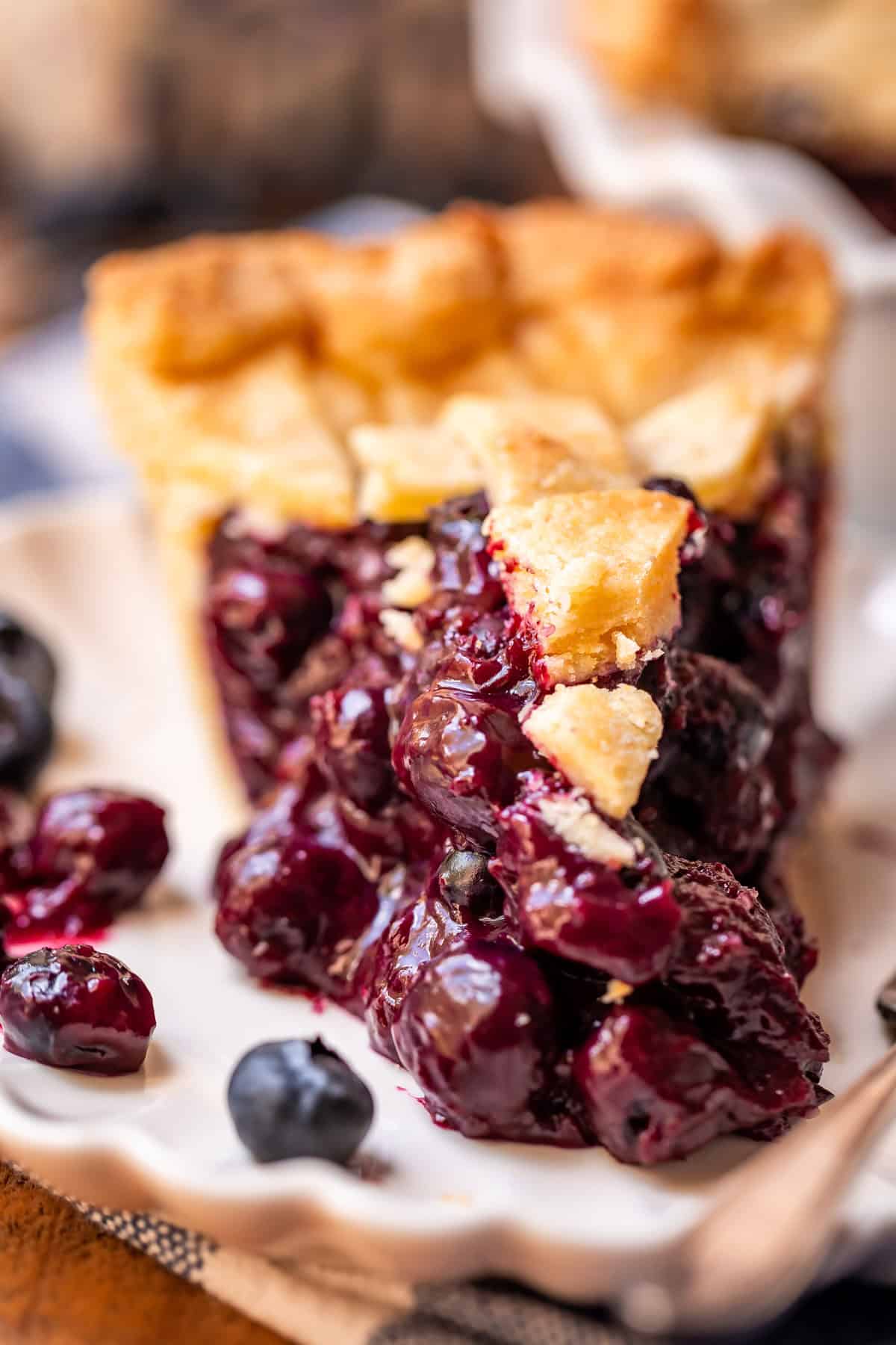 straight on shot of the front of a slice of blueberry pie on a white plate.