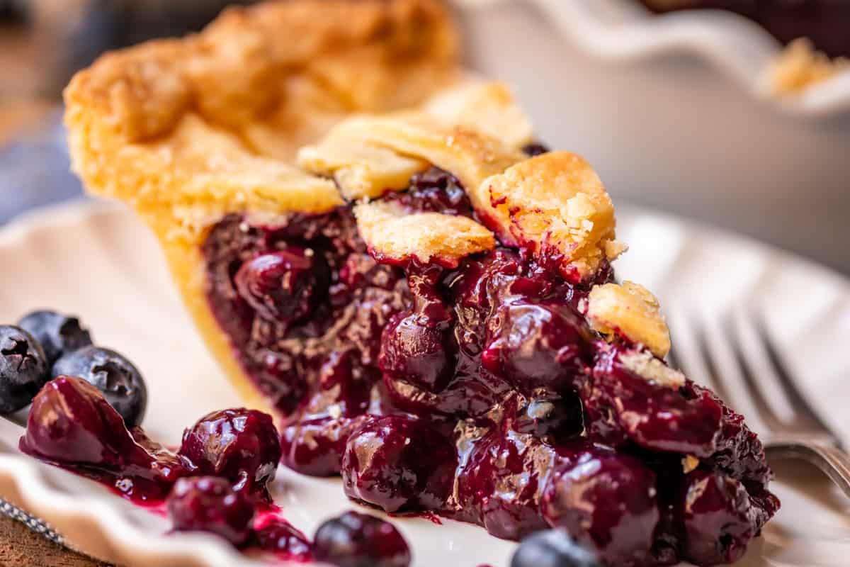 slice of blueberry pie from the side with a lattice crust.